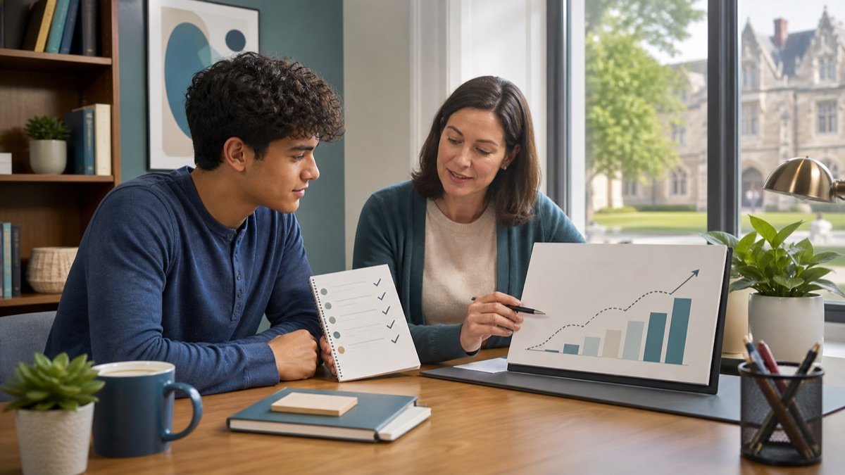 Student meeting with an academic advisor to review an academic progress plan