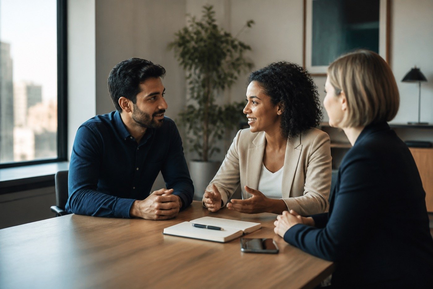 Three professionals discussing a workplace message around a meeting table