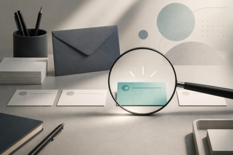 Desk with blank email message cards being sorted and one highlighted for clarity