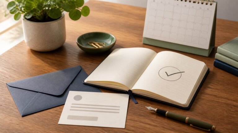 Professional desk scene with a calendar, envelope, notebook, and check mark representing a confirmed email