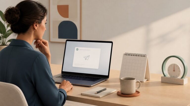 Professional at a desk waiting to follow up on an email with a laptop, calendar, and clock