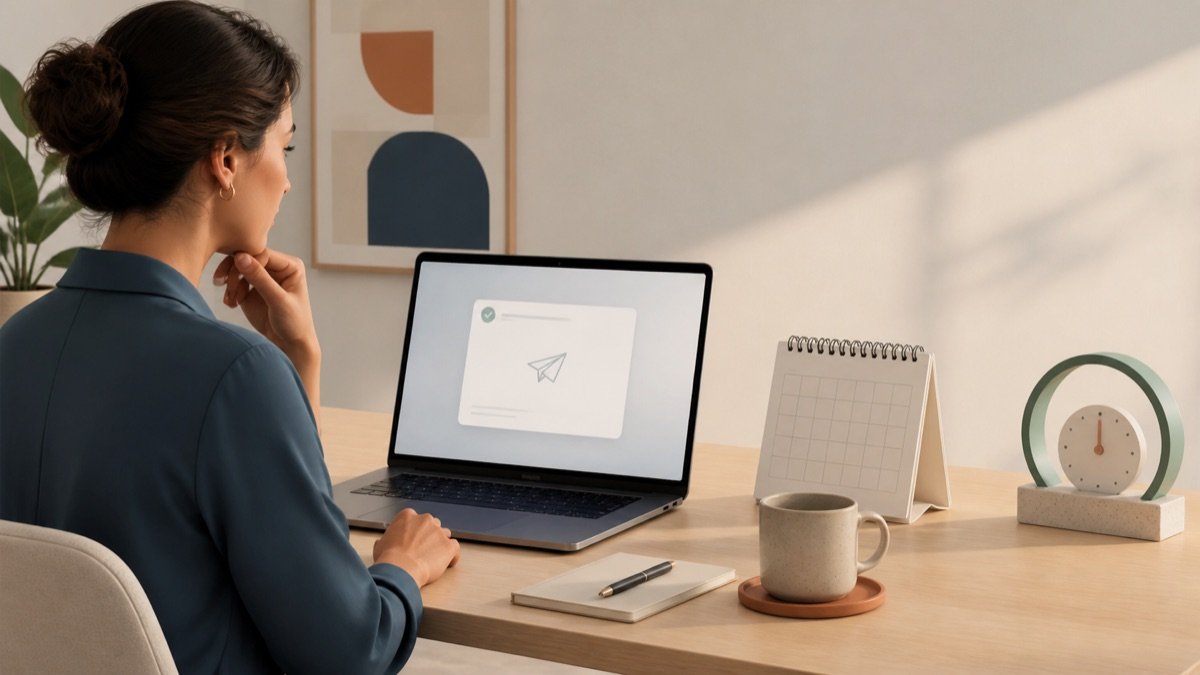 Professional at a desk waiting to follow up on an email with a laptop, calendar, and clock