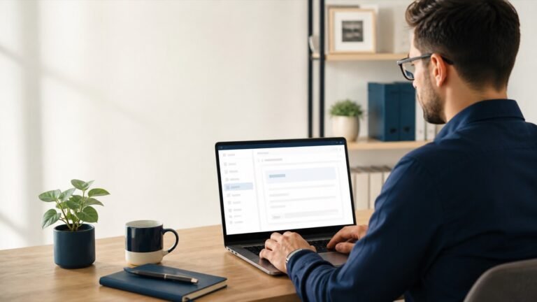 Professional creating a reusable email template on a laptop at a desk
