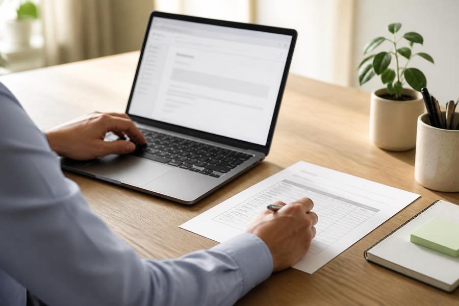 Professional writing a purchase order acknowledgment email at a desk