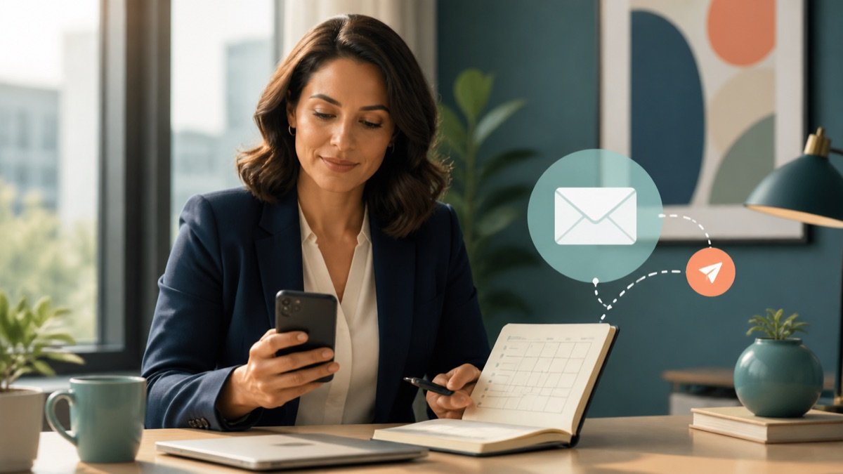 Professional candidate reviewing a follow-up email after an interview