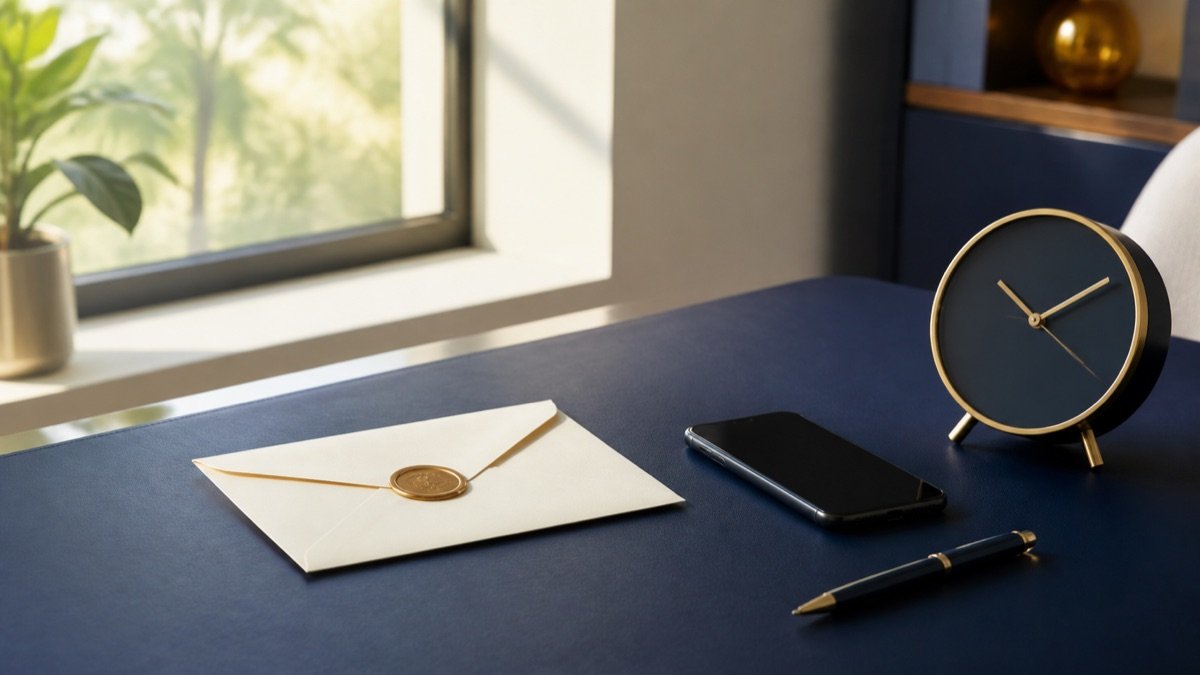 Job offer extension email workspace with a sealed envelope, phone, clock, and pen