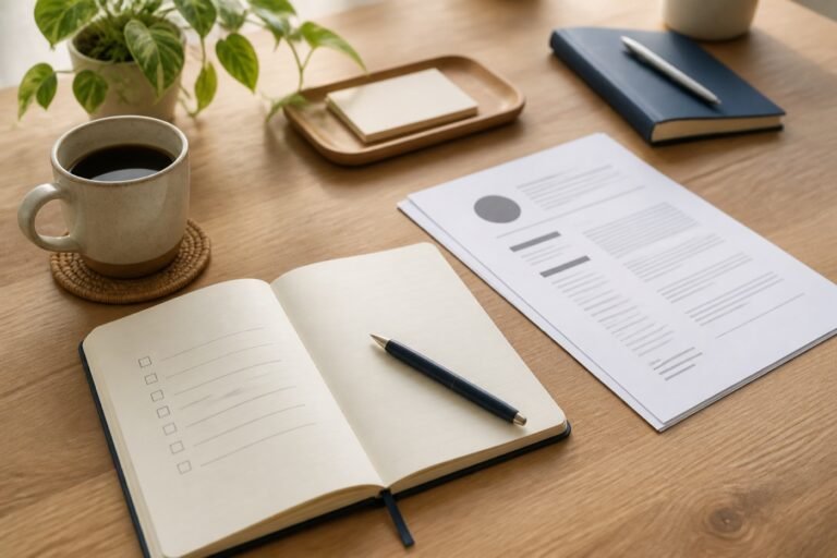 Notebook checklist, résumé, and coffee on a desk for a job reference request email