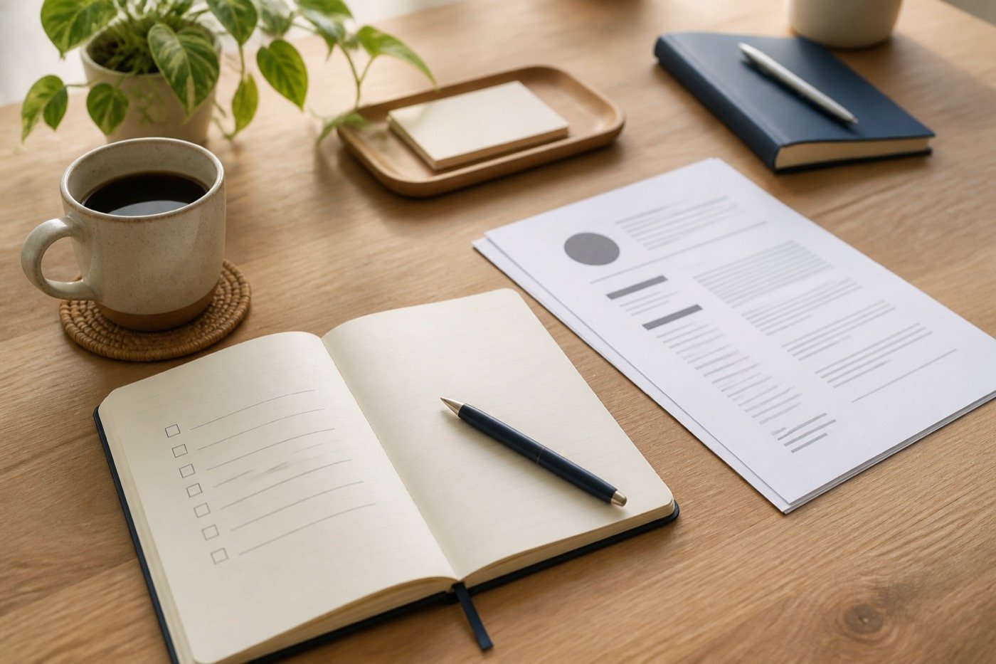 Notebook checklist, résumé, and coffee on a desk for a job reference request email
