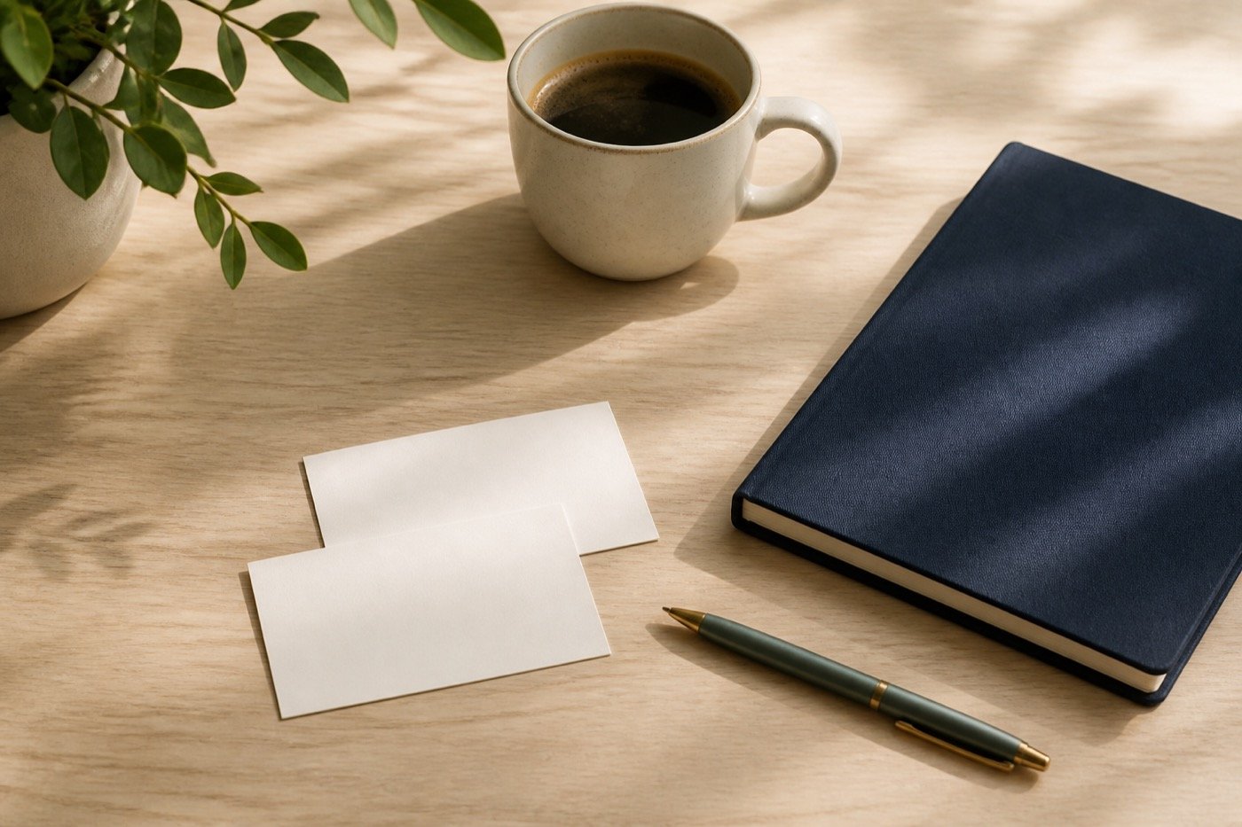 Blank business cards, notebook, and coffee on a desk for a networking email
