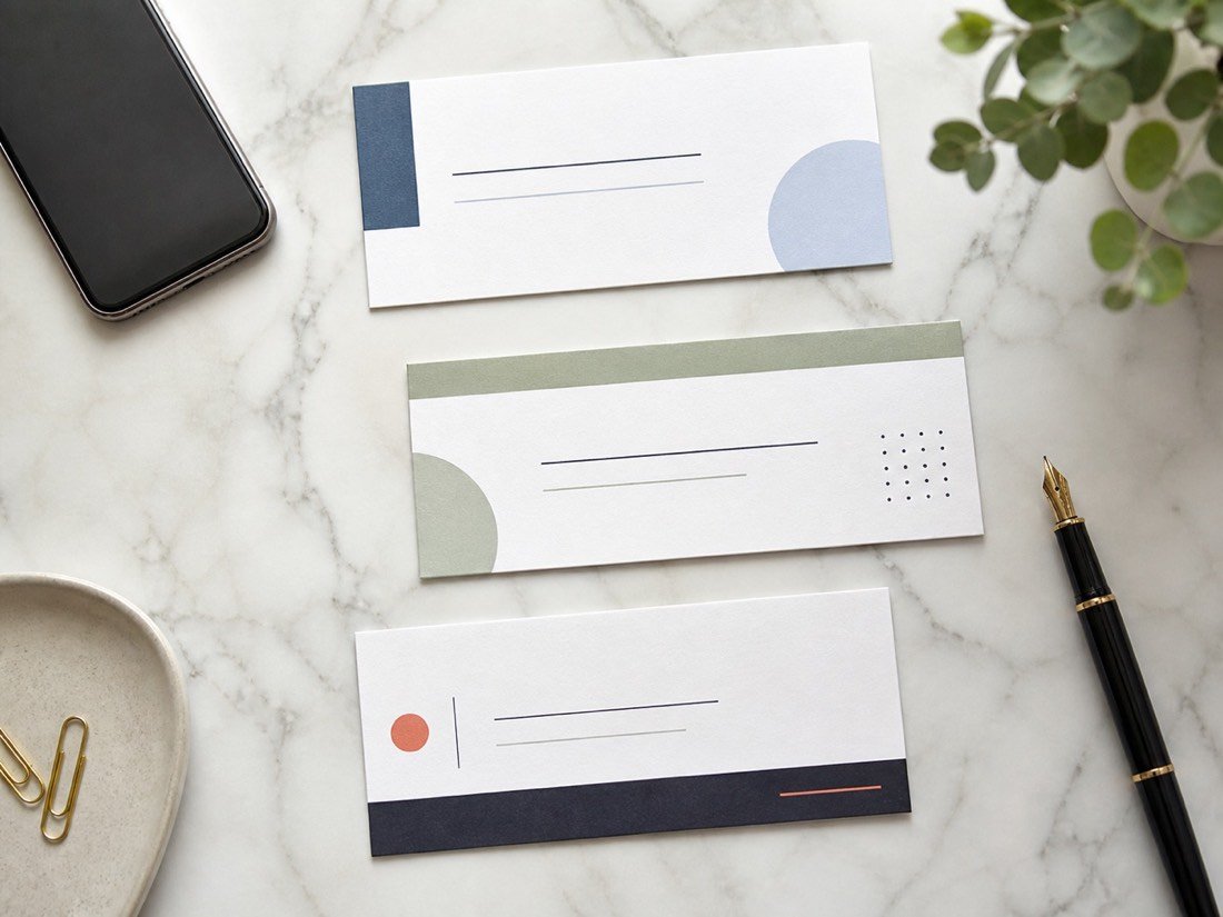 Professional email signature design concept on a clean desk with stationery and a phone