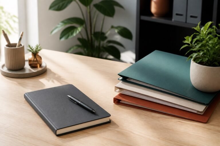 Stacked folders, notebook, pen, and plants representing career growth