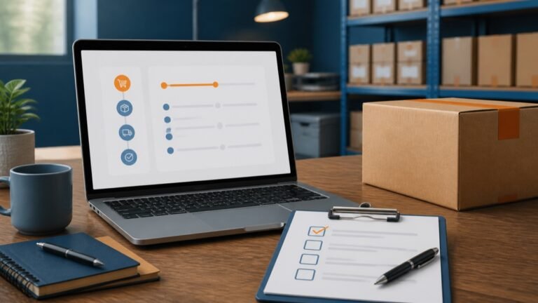 Purchase order follow-up workspace with a laptop, order paperwork, and shipping box