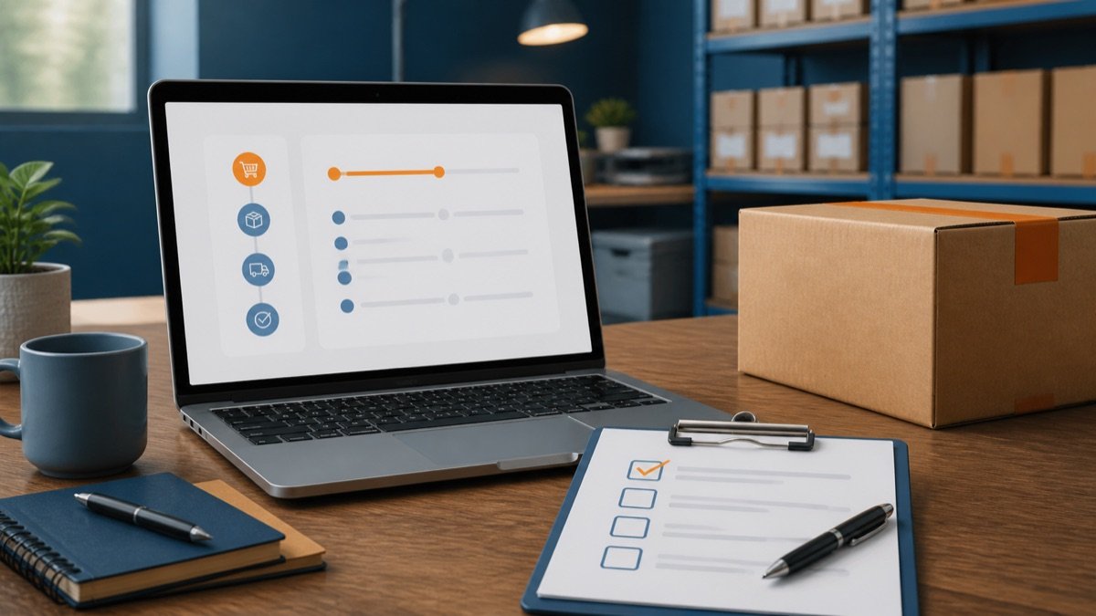 Purchase order follow-up workspace with a laptop, order paperwork, and shipping box