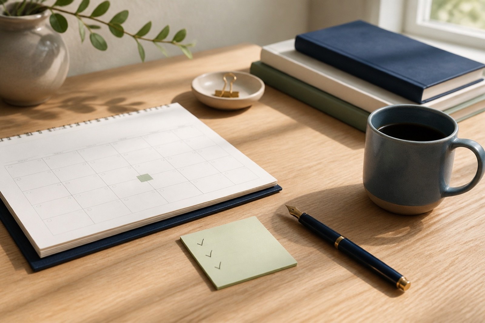 Top-down desk scene with a calendar, pen, coffee cup, and a small reminder note