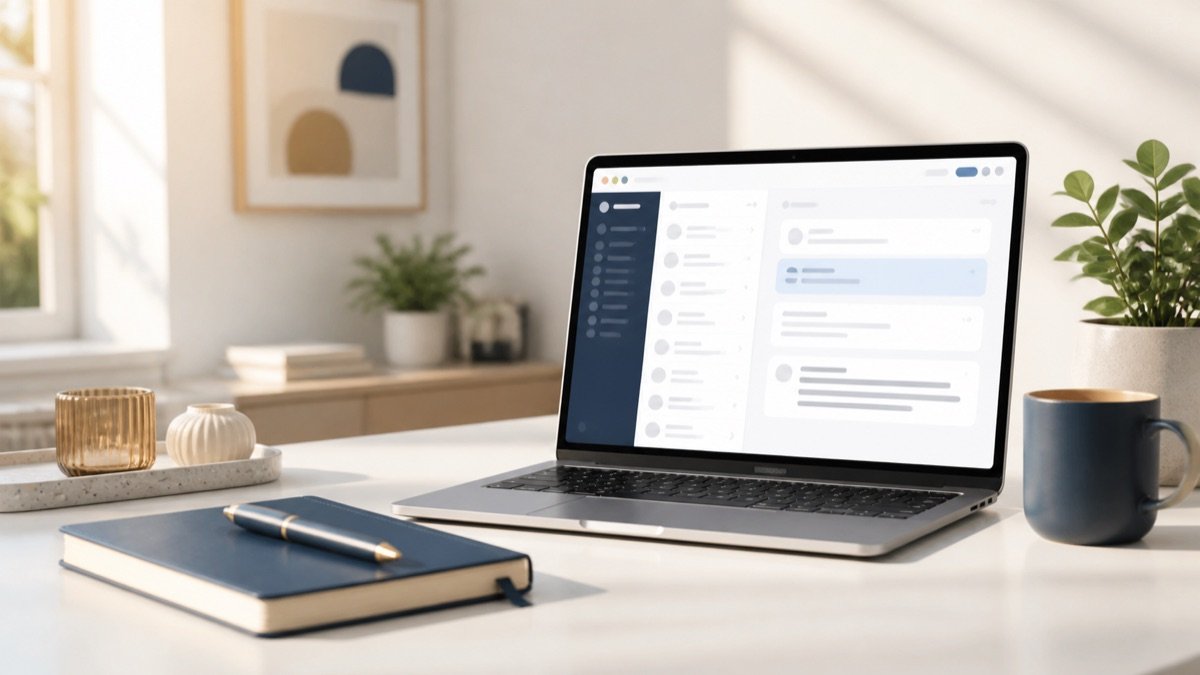 Professional email conversation on a laptop in a calm, organized workspace