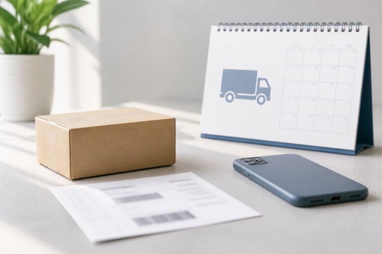 Unbranded parcel, delivery calendar, and phone for a shipment delay email