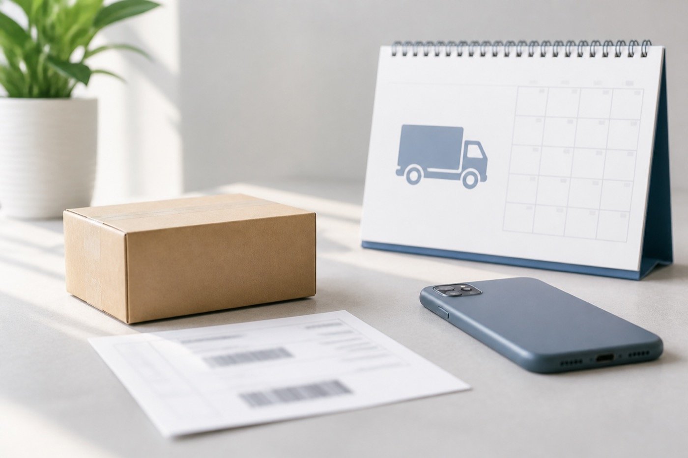 Unbranded parcel, delivery calendar, and phone for a shipment delay email