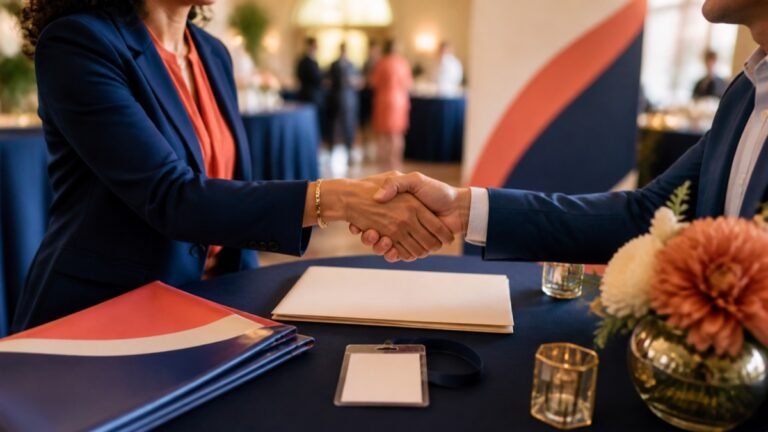 Professionals shaking hands at an event beside a sponsorship proposal folder