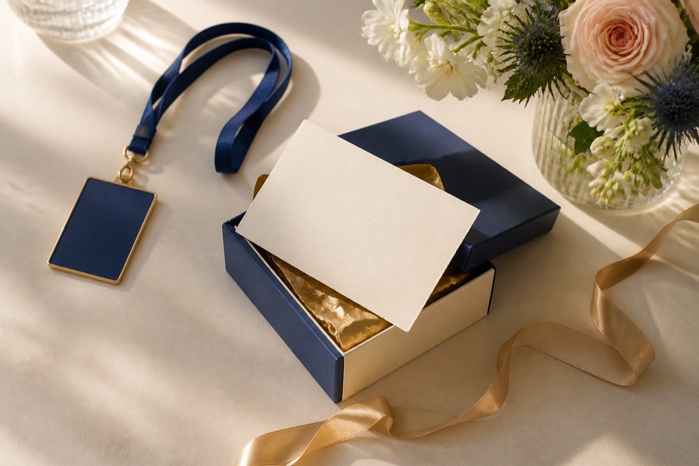 Gift box, event lanyard, ribbon, and flowers for a sponsorship thank-you email