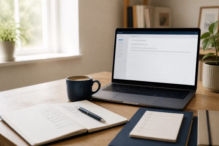 Laptop, interview notes, checklist, pen, and coffee cup on a sunlit desk representing a thoughtful thank-you email after an interview.