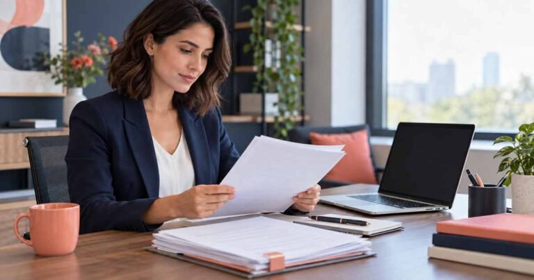 Professional reviewing received business documents at an organized desk