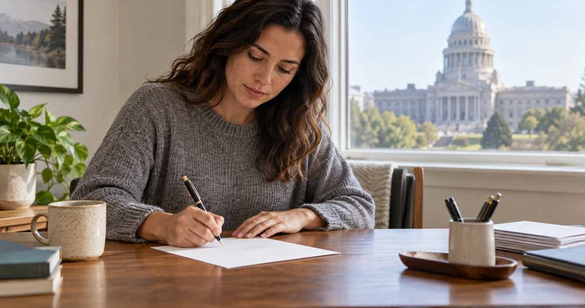 Citizen writing a letter at a desk with a civic building in view