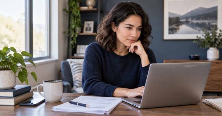 Job seeker reviewing application materials while drafting a follow-up email
