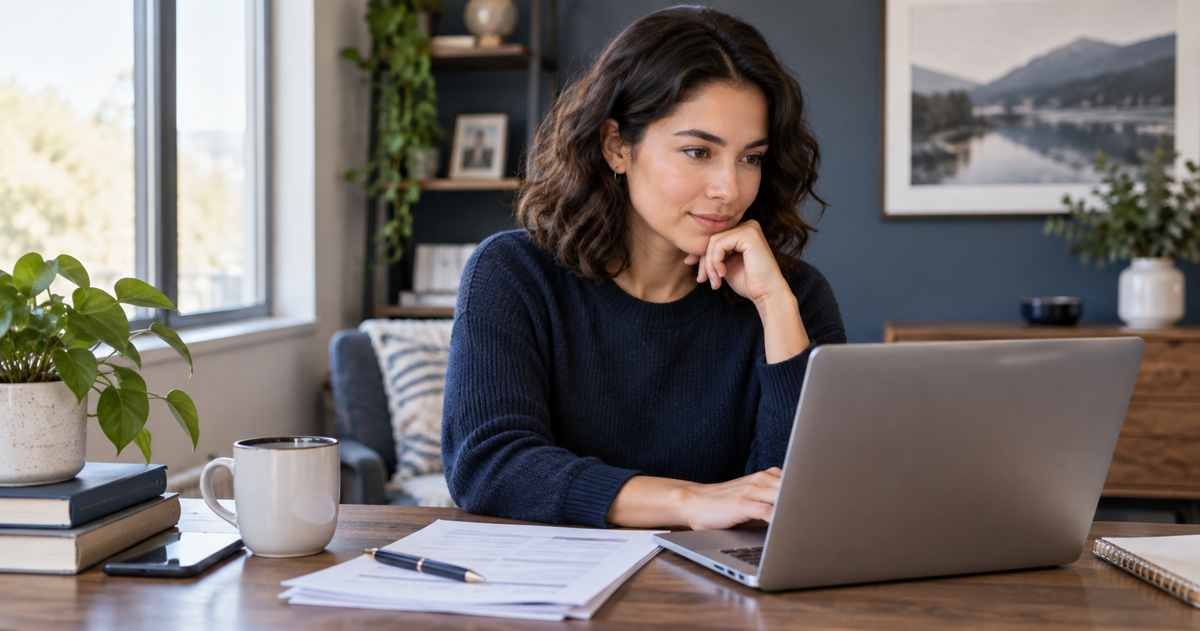 Job seeker reviewing application materials while drafting a follow-up email