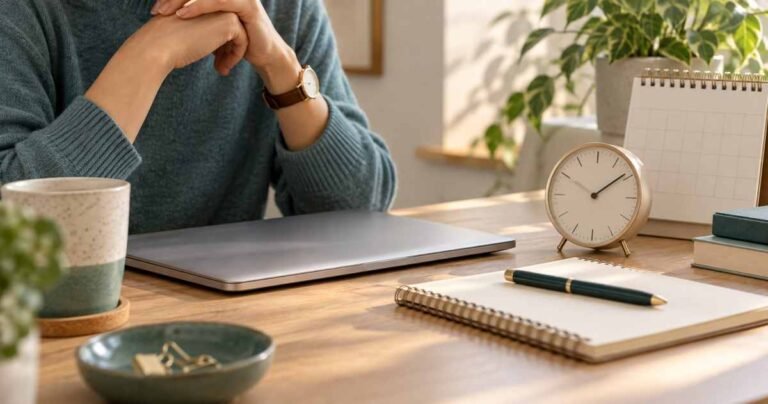 Desk with a closed laptop, clock, and blank notebook suggesting a measured email follow-up