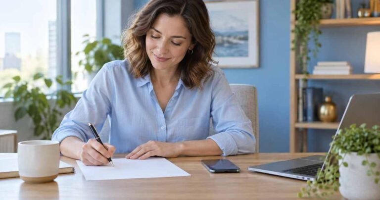 Professional writing a brief note at a desk while preparing a gentle reminder