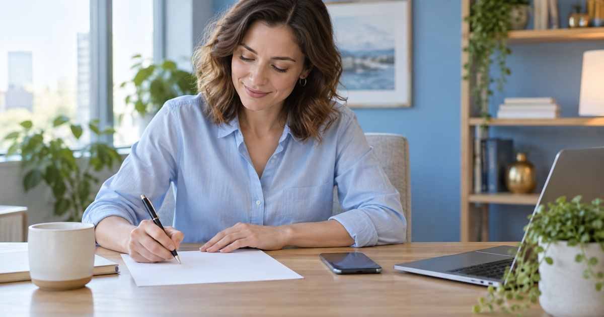 Professional writing a brief note at a desk while preparing a gentle reminder