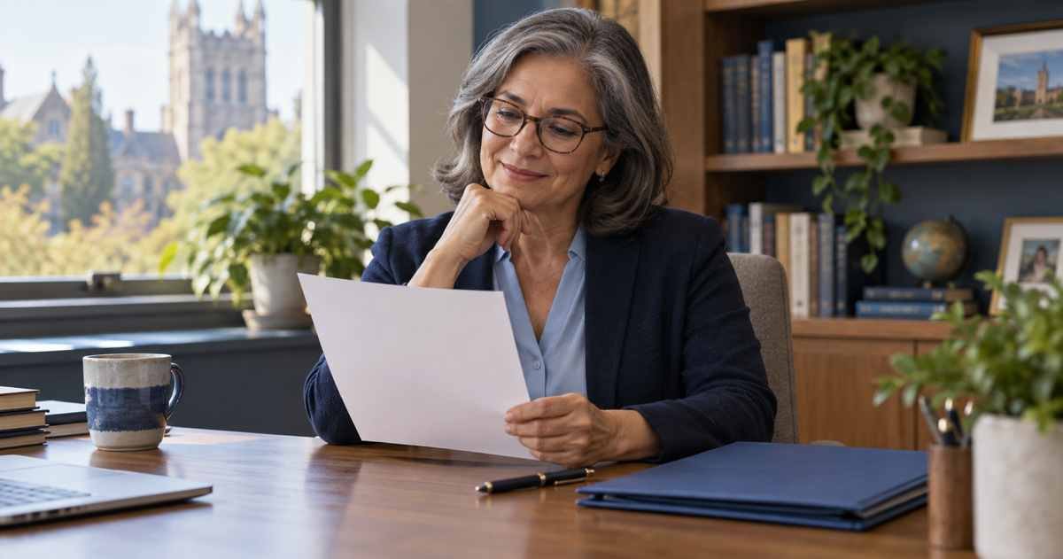 Mentor reviewing a blank recommendation letter at a desk