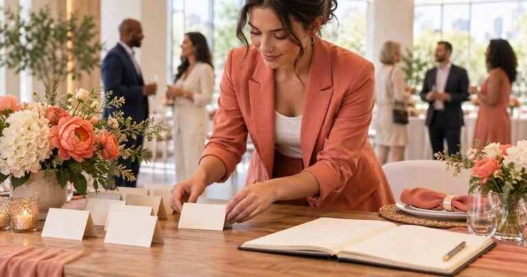 Event organizer arranging blank place cards at a professional gathering