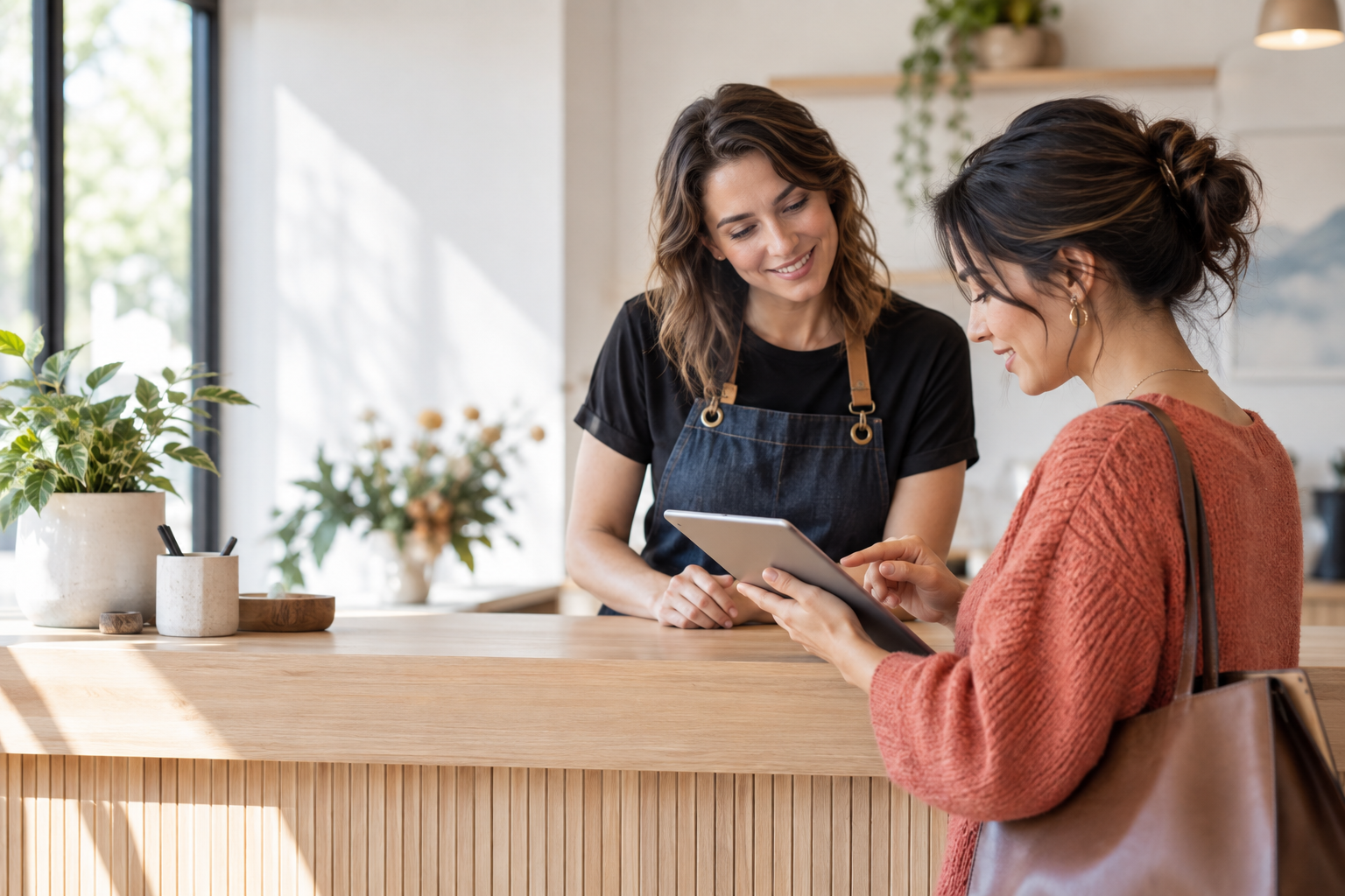 Customer reviewing a feedback form on a tablet with a service professional